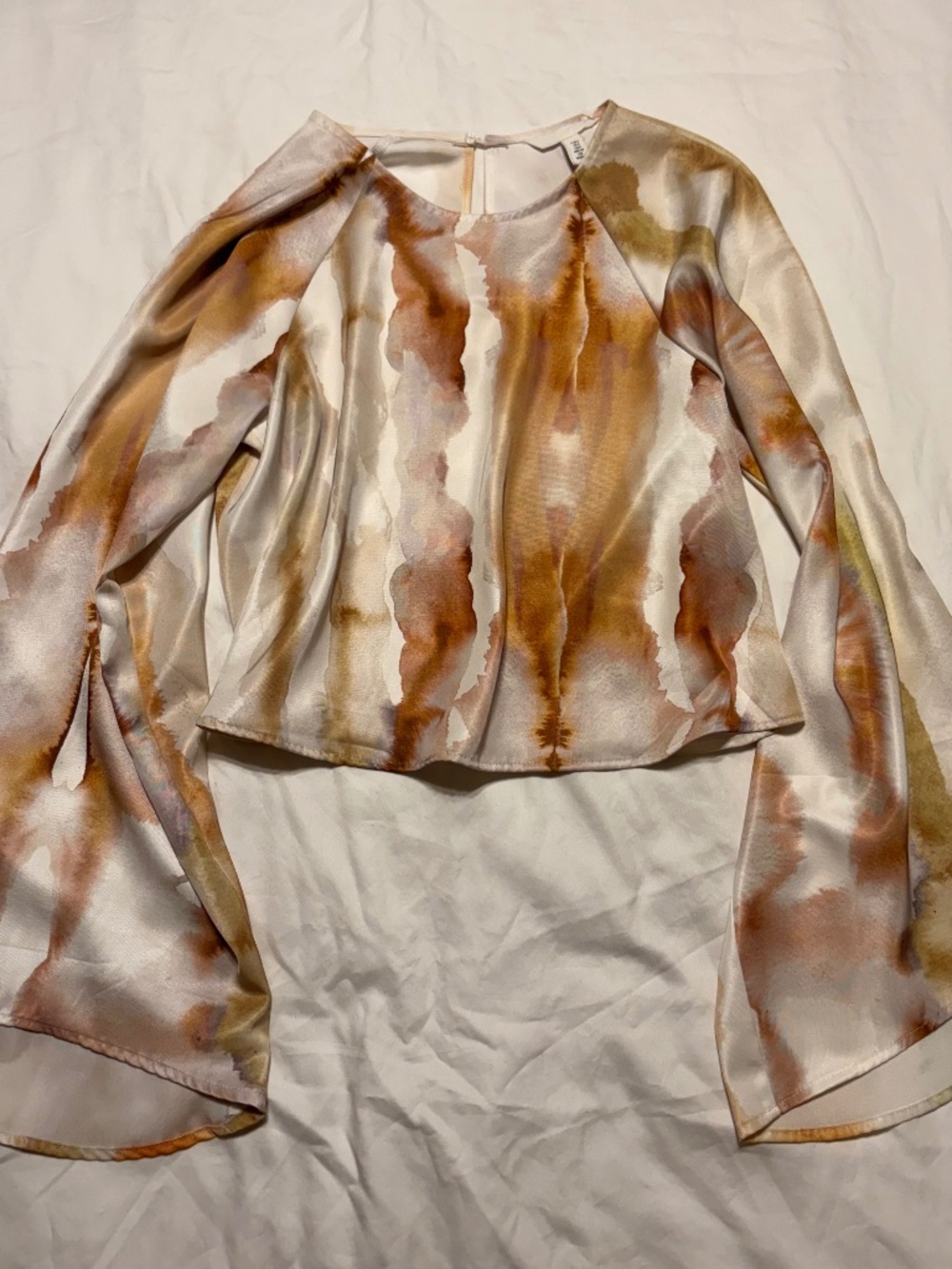 H&M Watercolor Satin Bell Sleeve Top Small NWOT Earth Tone Abstract Blouse